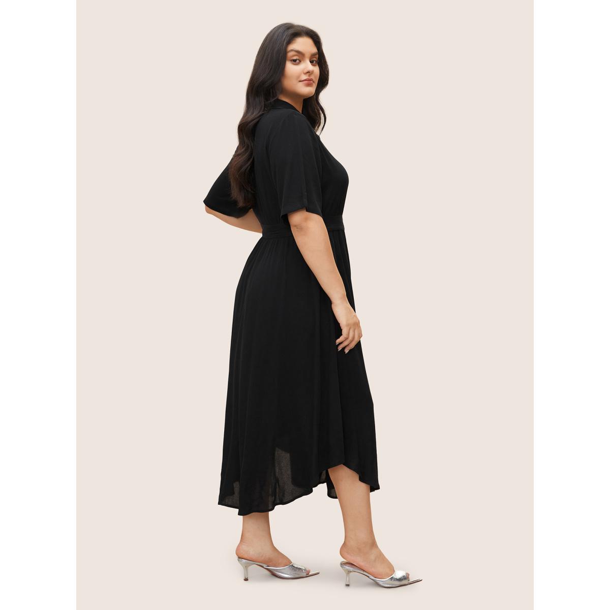 Belted Shirt Collar Button Plus Size Shirtdress Women Workleisure Plain Sleeve Short Sleeve Shirt Collar Pocket Workwear Long Dress BloomChic Product Image