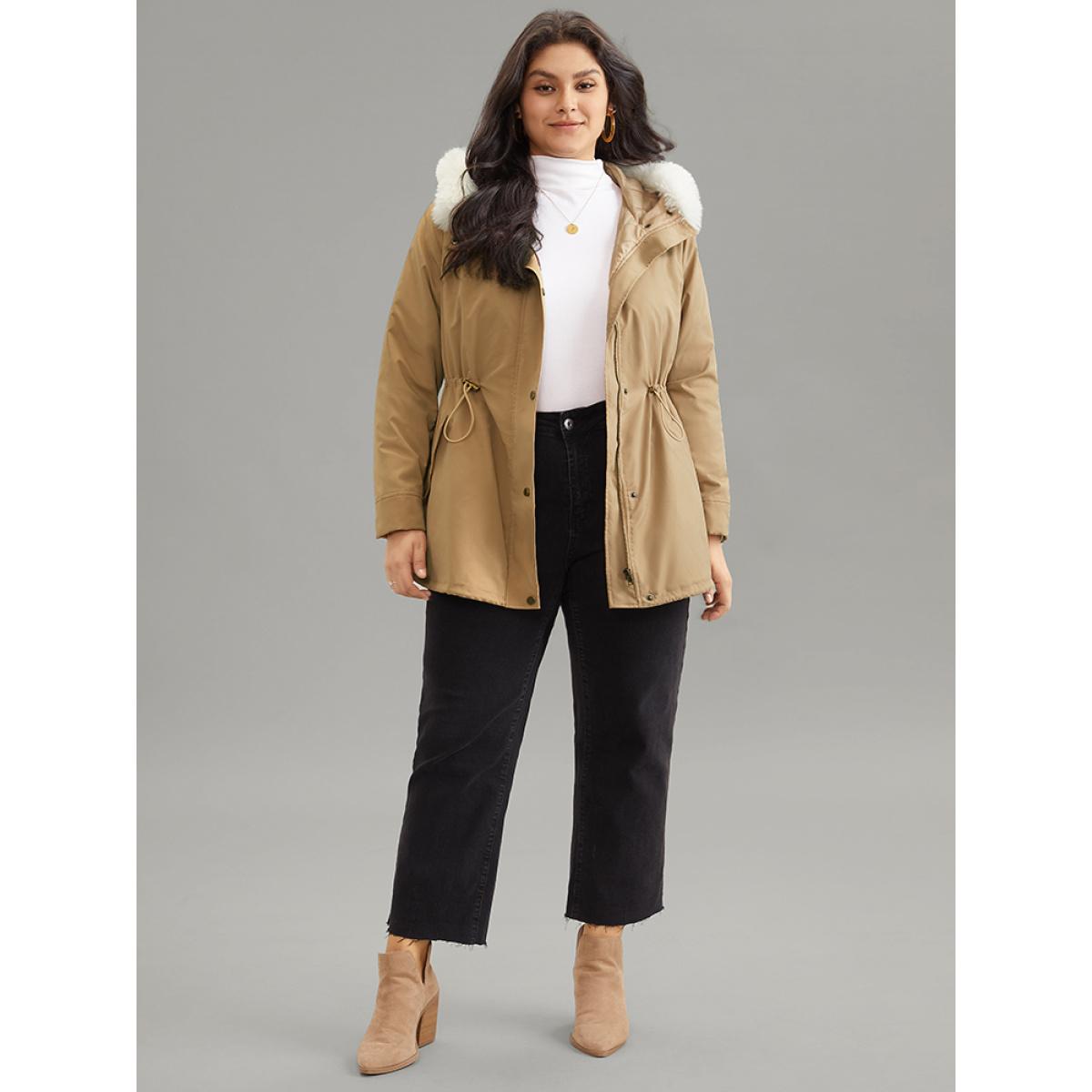 Plus Size Fuzzy Trim Drawstring Pocket Cotton Jackets Women Tan Casual Arc Hem Loose Ladies Dailywear Winter Coats BloomChic 14-16/1X Product Image