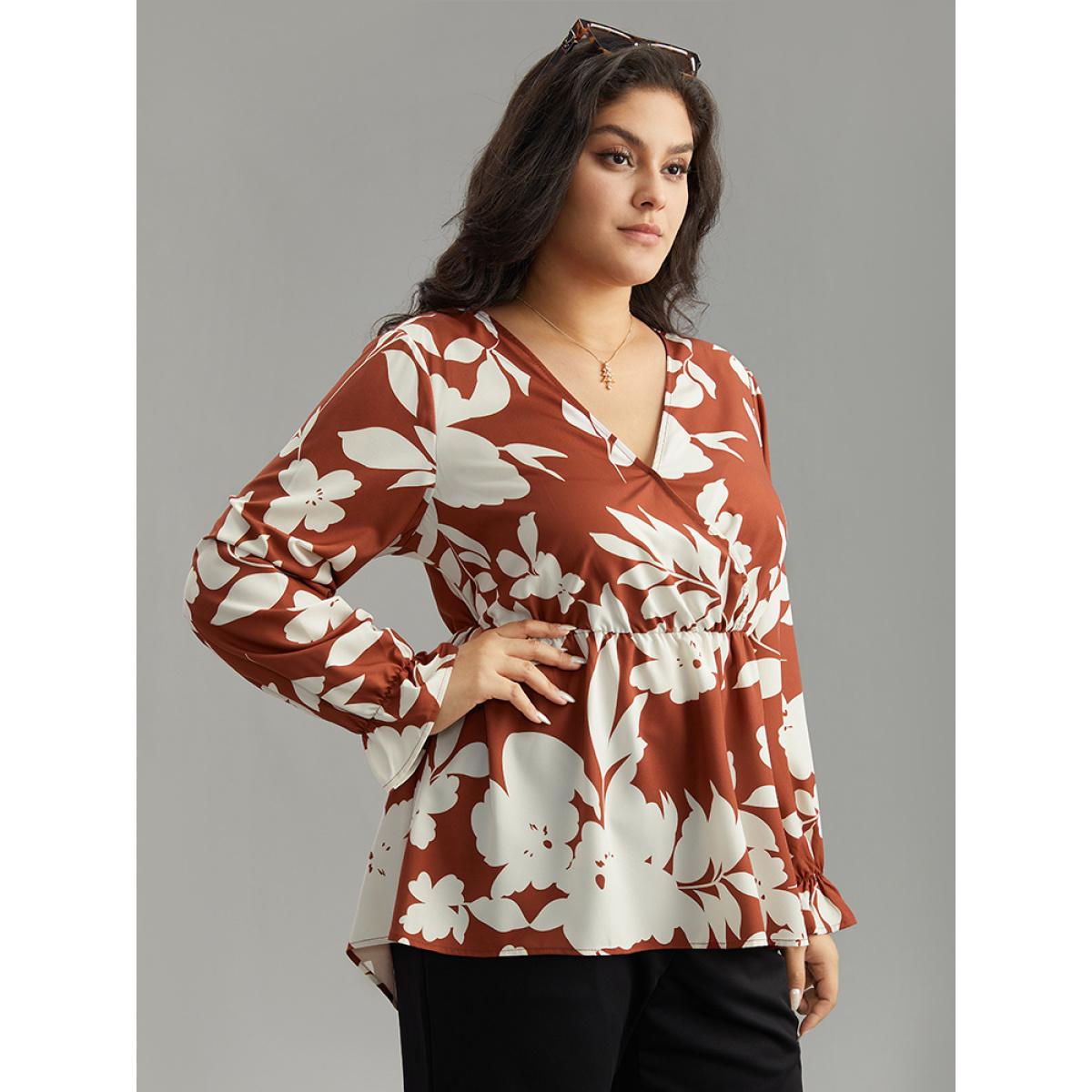 Plus Size Chocolate Silhouette Floral Print Elastic Waist Blouse Women Elegant Long Sleeve V-neck Dailywear Blouses BloomChic 22-24/3X Product Image