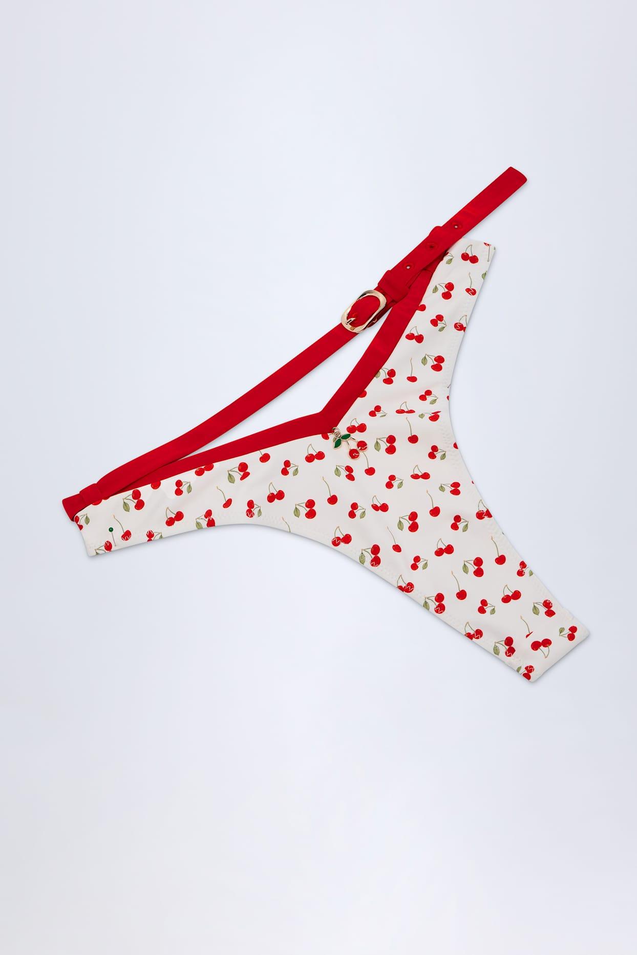 Contrast Belted Thong Bikini Bottoms in Cherry Print Product Image