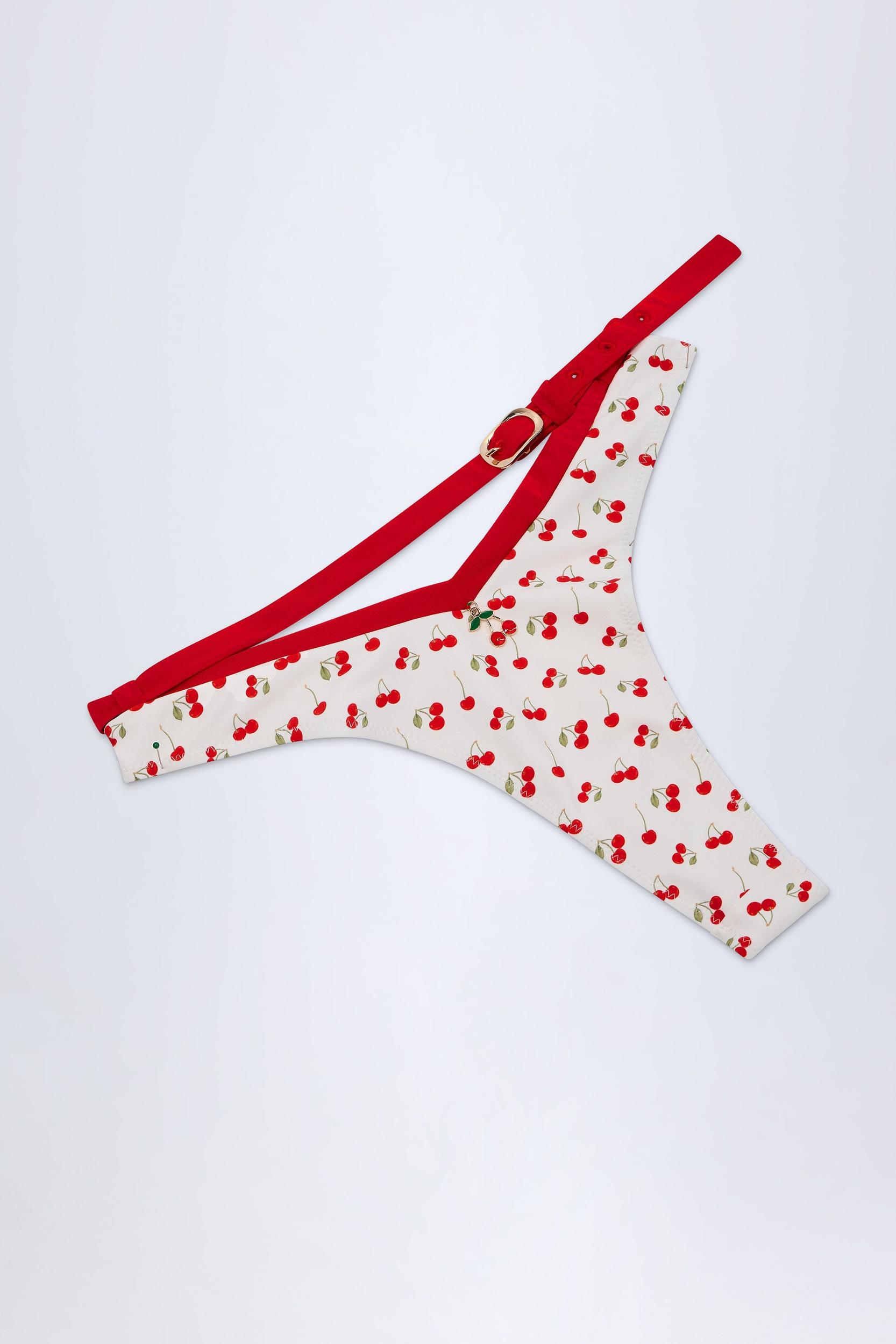 Contrast Belted Thong Bikini Bottoms in Cherry Print Product Image
