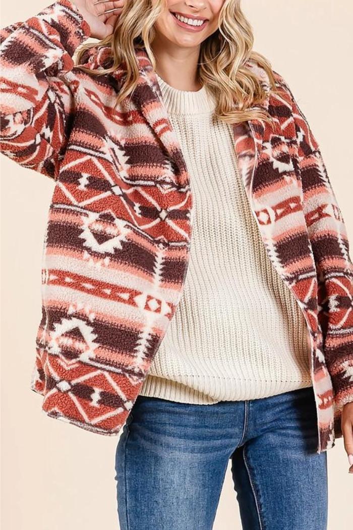 Aztec Tribal Print Hooded Oversize Fleece Jacket Product Image