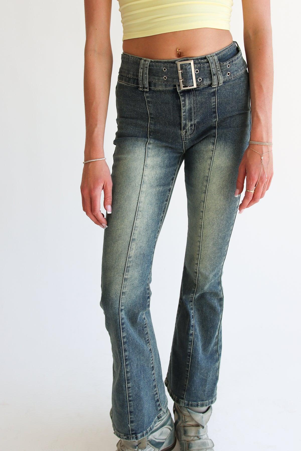Belted Flare Grunge Wash Jeans Product Image