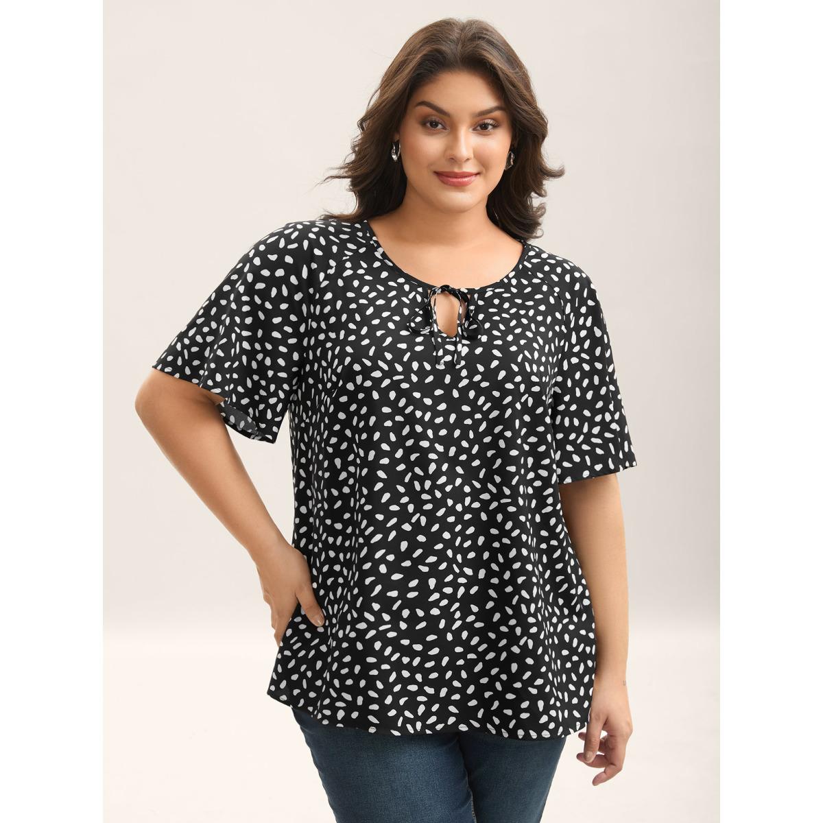 Plus Size Black Petal Print Neck Tie Flowy Blouse Women Half Sleeve Round Neck Work Blouses BloomChic 30/6X Product Image