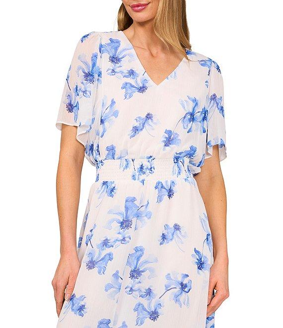 CeCe Floral Print V-Neck Short Flutter Sleeve Smocked Waist Maxi Blouson Dress Product Image