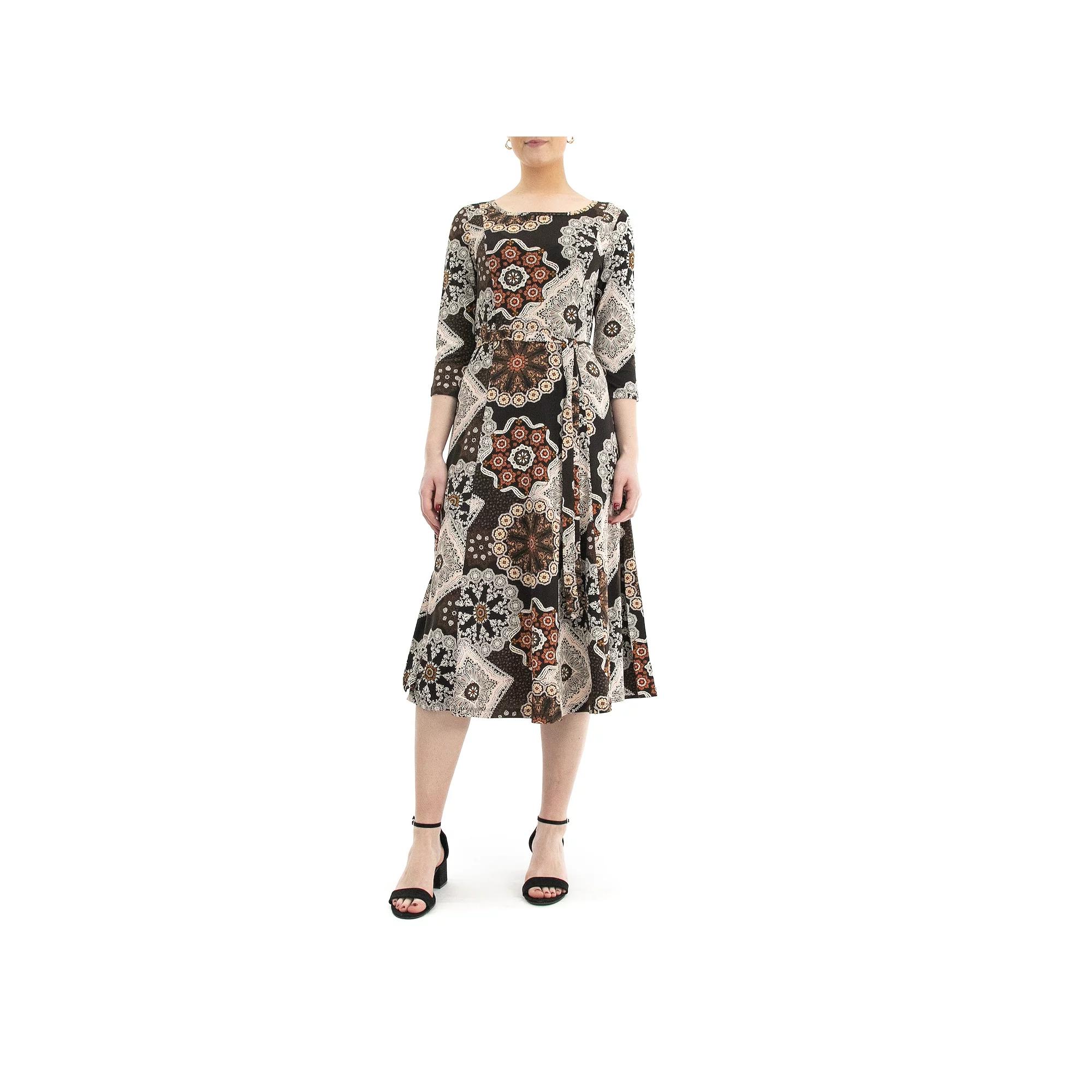 Women's Nina Leonard Belted 3/4 Sleeve Print Midi Dress,  Product Image
