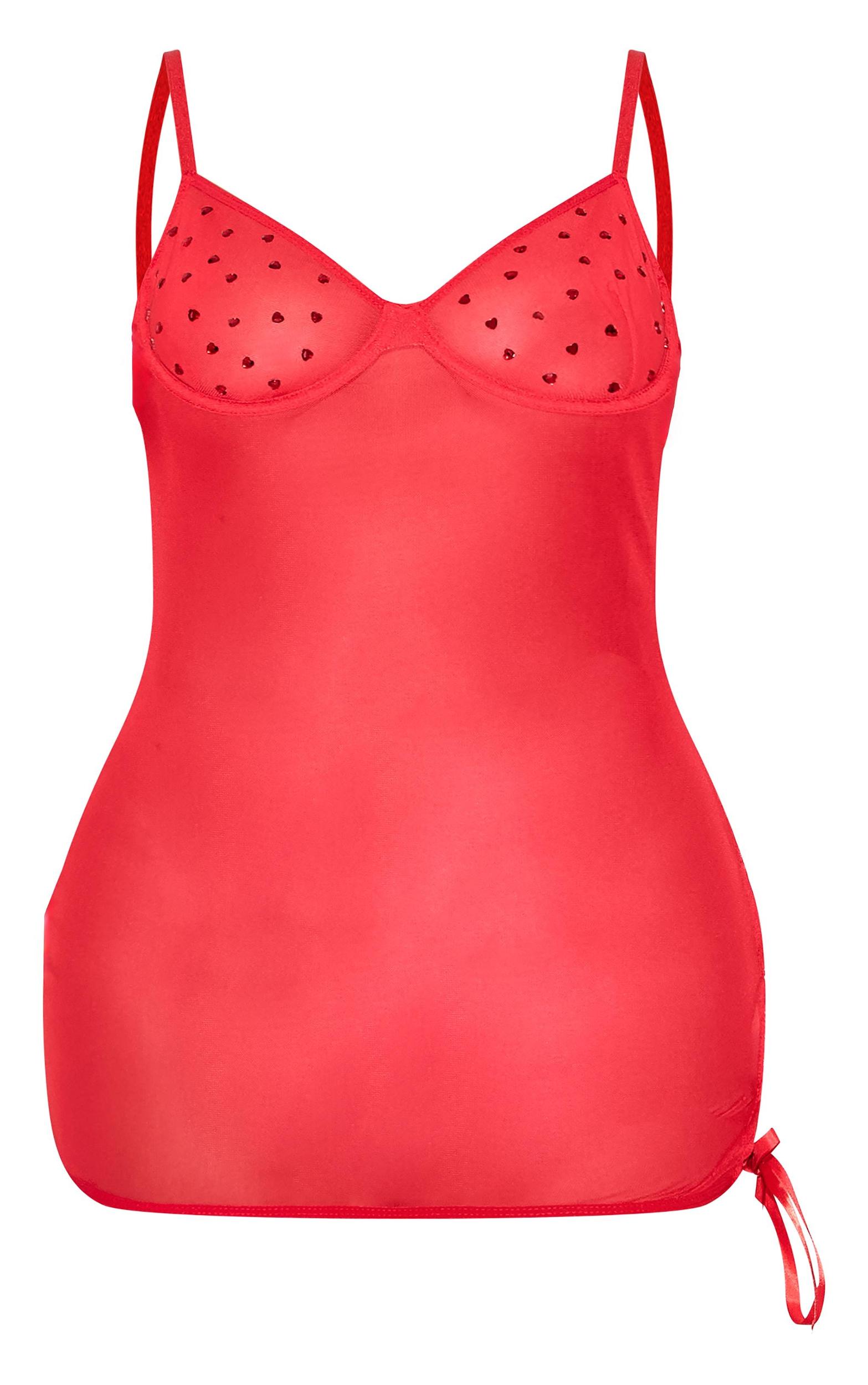 Plus Red Mesh Diamante Heart Underwired Lace Up Slip Dress Product Image