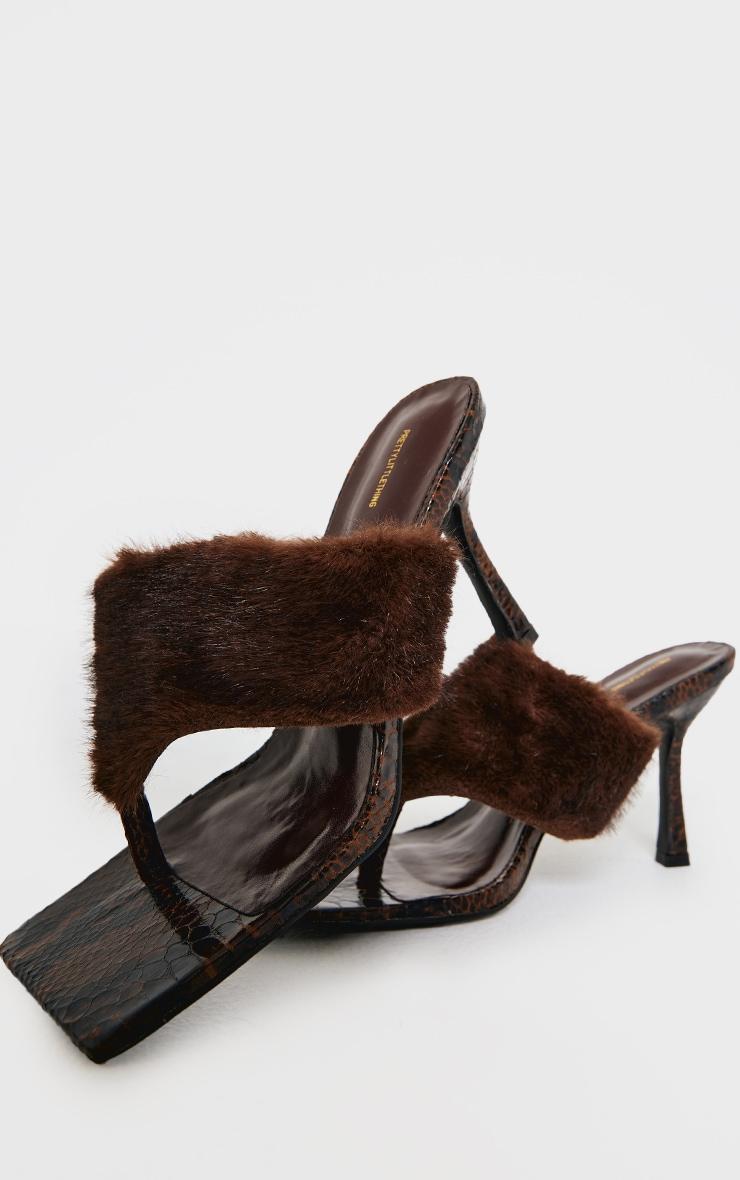 Brown Pu Square Toe Thong Faux Fur Heeled Mules Product Image
