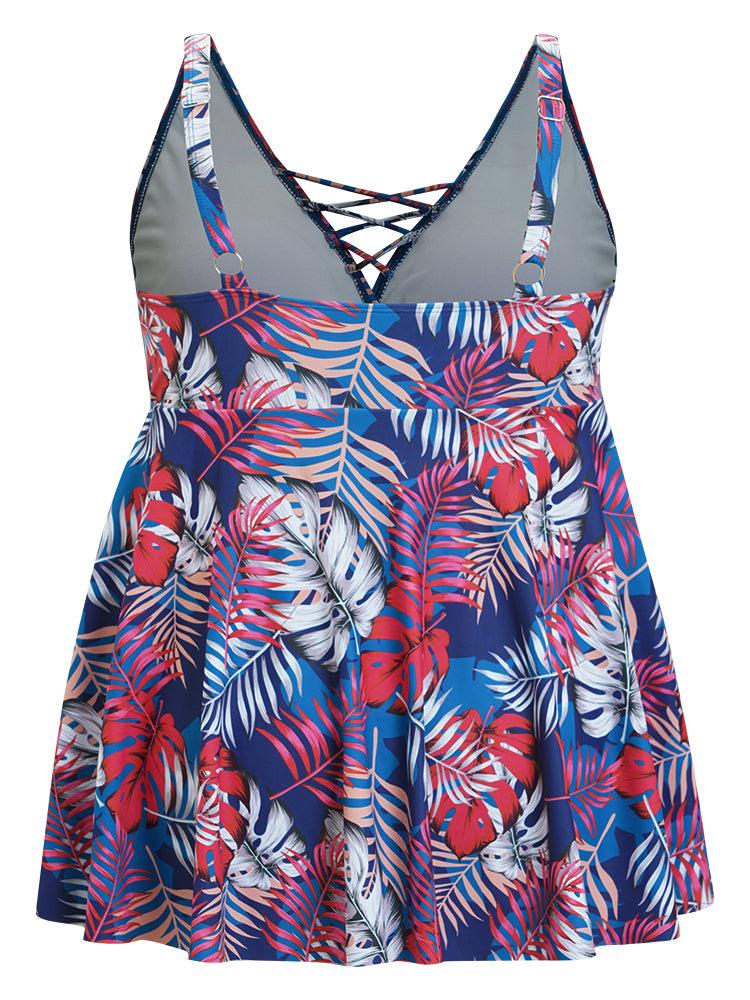 Tropical Print Wrap Ruffles Crisscross Swim Dress Female Product Image