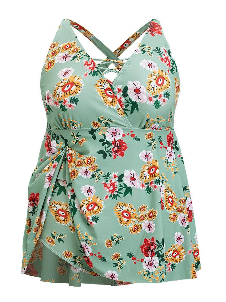 Floral Crisscross Surplice Neck Flutter Hem Swim Dress Female Product Image