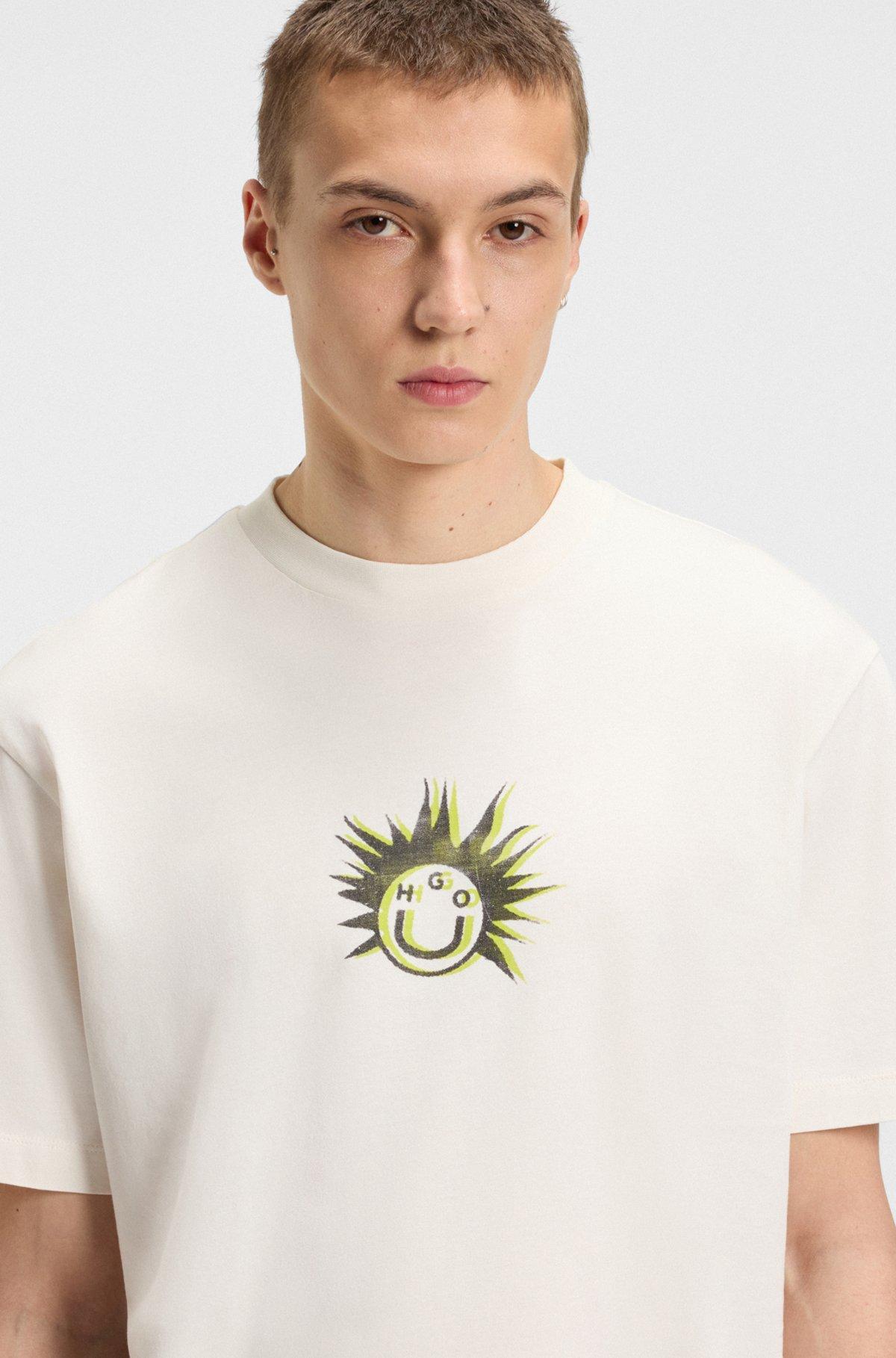 HUGO - Cotton-jersey T-shirt with Happy HUGO artwork - White Product Image