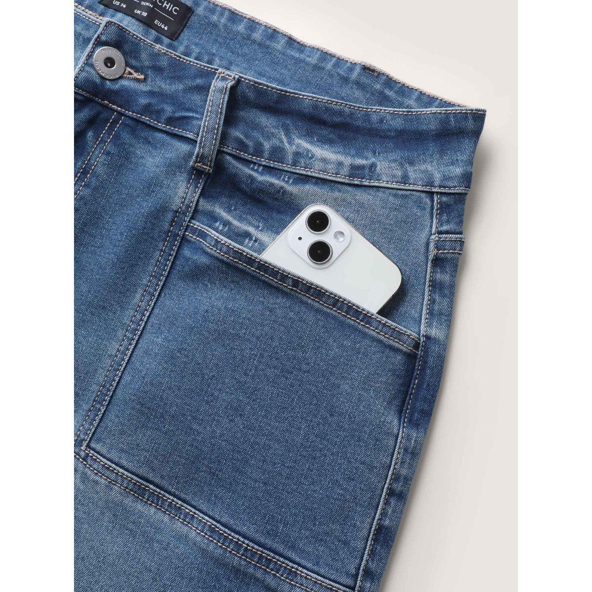 Plus Size Retro Wash Flared Hem Pockets Jeans Women Midblue Timeless Pocket Medium stretch Slanted pocket Jeans BloomChic 16/1X Product Image