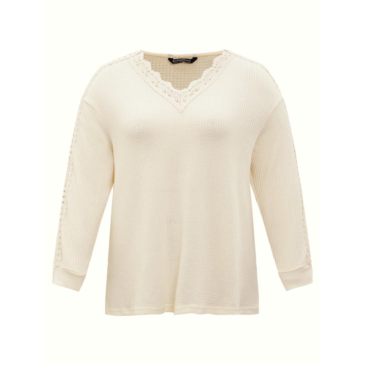 Plus Size Solid Crochet Lace V Neck Sweatshirt Women Ivory Elegant Lace V-neck Dailywear Sweatshirts BloomChic 14-16/1X Product Image