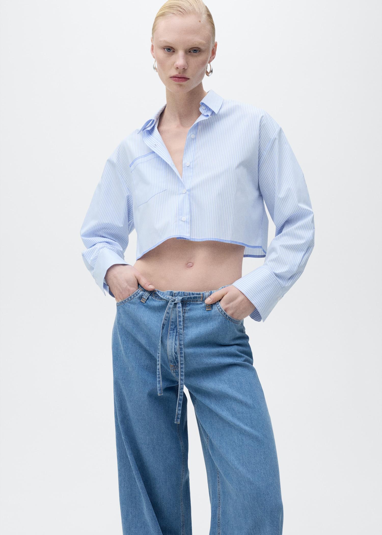 Wide-leg denim pants with belt - Women | MANGO USA Product Image