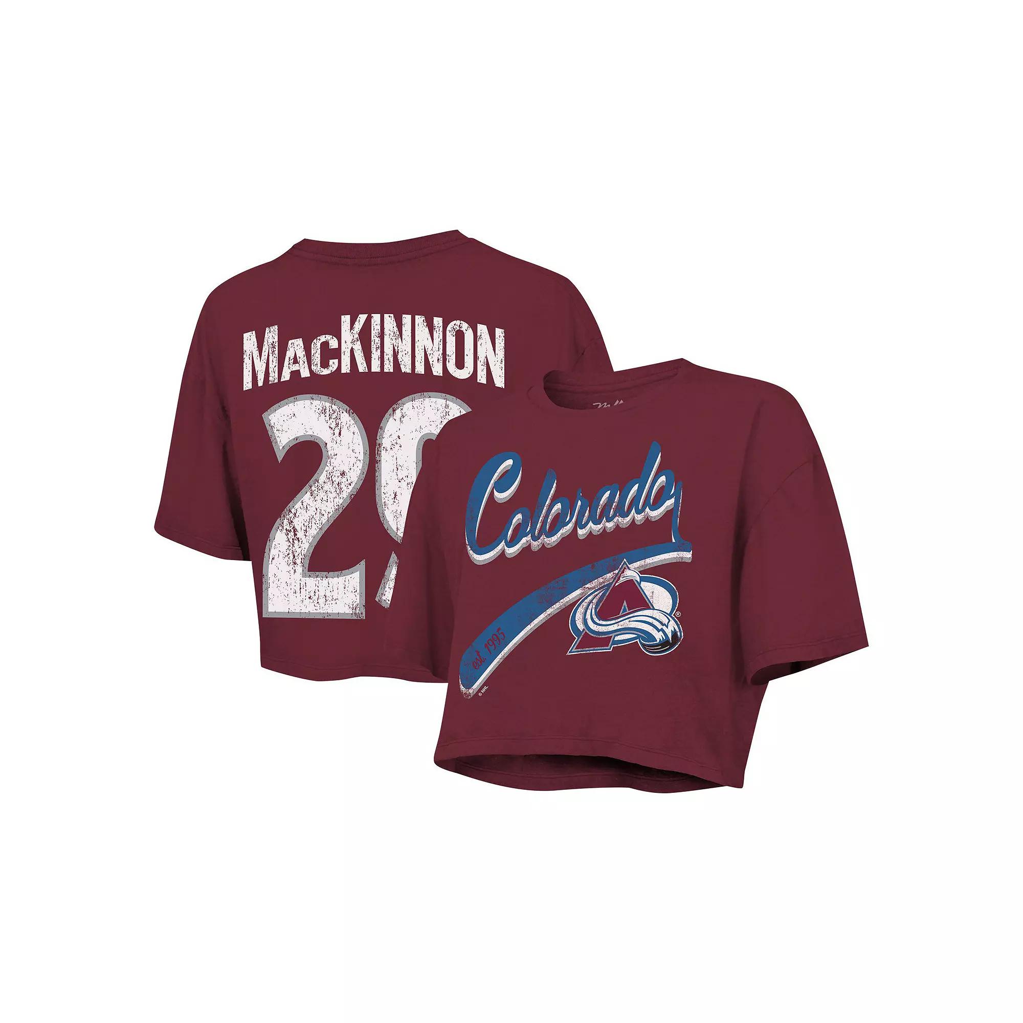 Women's Majestic Threads Nathan MacKinnon Maroon Colorado Avalanche Behind The Net Boxy Name & Number Cropped T-Shirt, Size: XL, Red Product Image