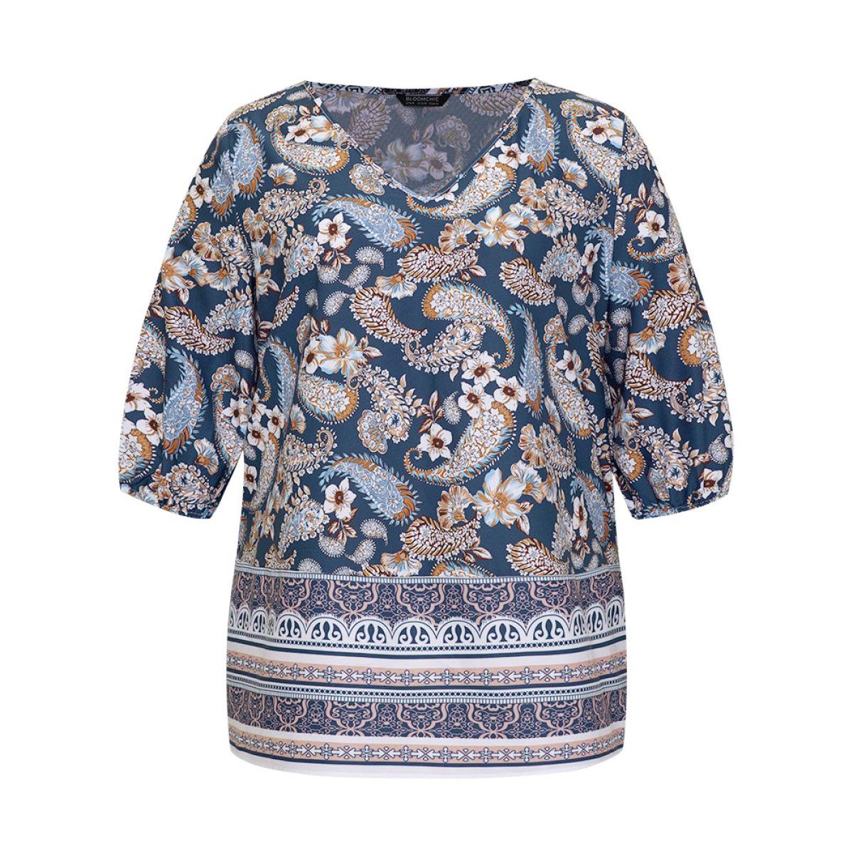 Plus Size Multicolor Paisley Print Patchwork V Neck Blouse Women Vacation Elbow-length sleeve V-neck Dailywear Blouses BloomChic 18-20/2X Product Image