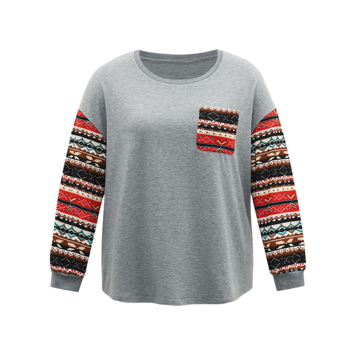 Plus Size Bandana Print Patchwork Patched Pocket Sweatshirt Women Gray Casual Elastic cuffs Round Neck Festival-Christmas Sweatshirts BloomChic 22-24/3X Product Image