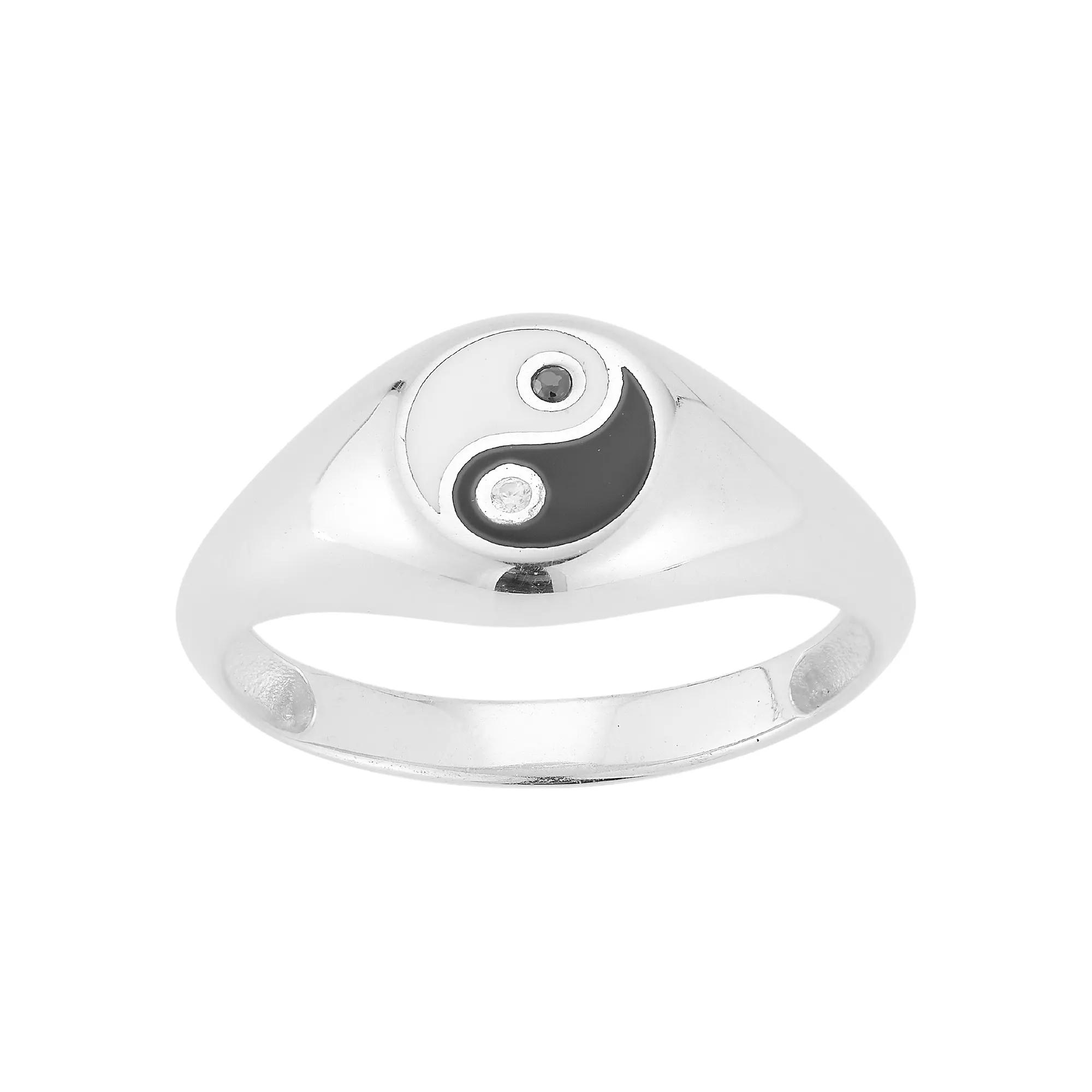Sunkissed Sterling Cubic Zirconia & Enamel Yin Yang Signet Ring, Women's, Size: 7, Silver Tone Product Image