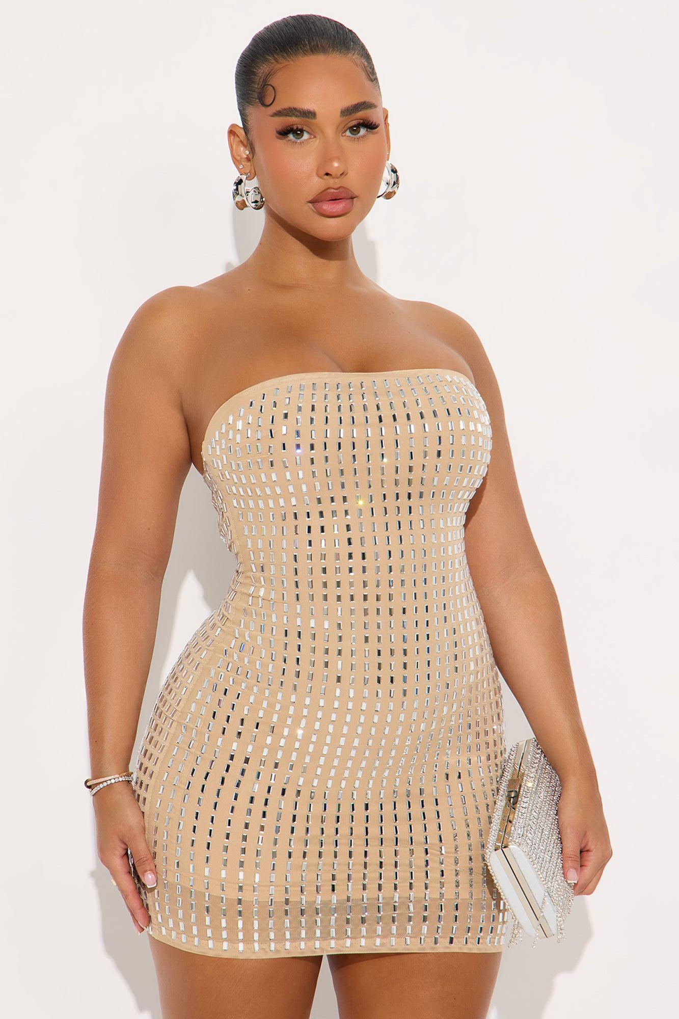 Glitz And Glam Rhinestone Mini Dress - Nude Female Product Image