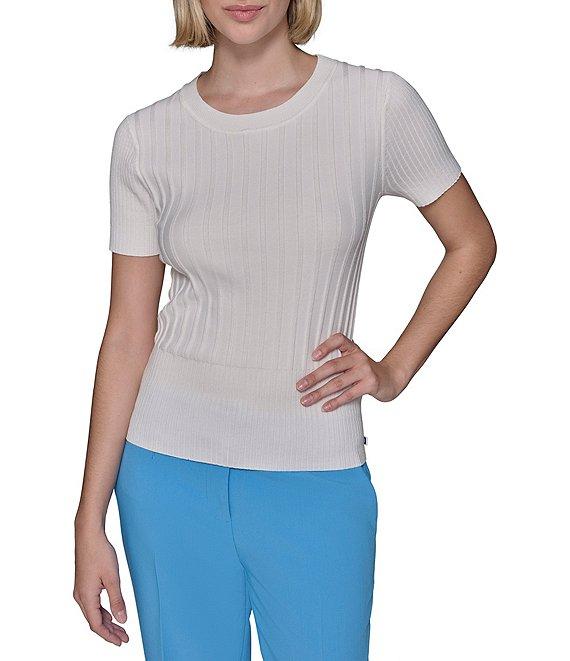 KARL LAGERFELD PARIS Knit Crew Neck Short Sleeve Ribbed Sweater Product Image