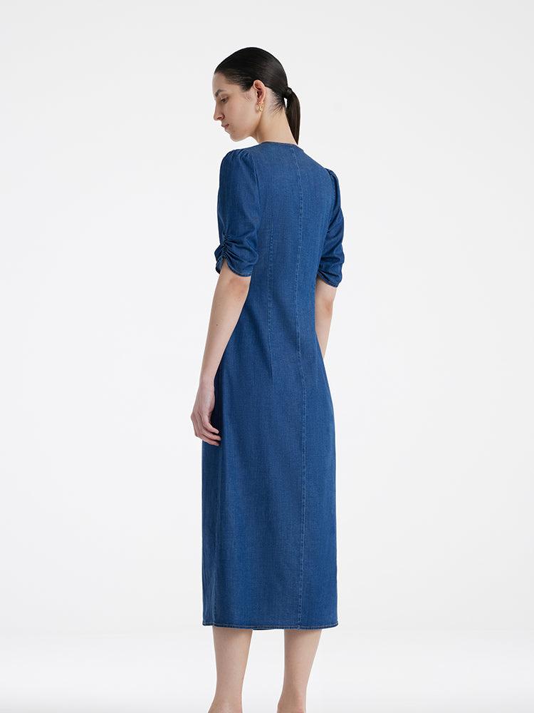 Denim V-Neck Twist Waist Women Midi Dress Product Image