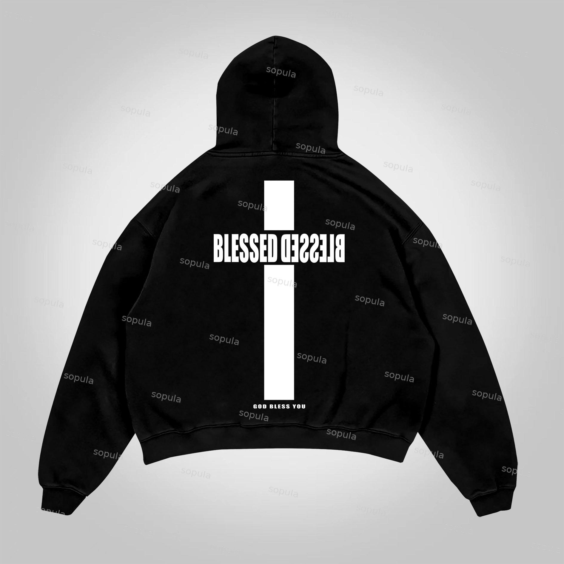 Sopula Vintage Blessed Cross God Bless You Graphic Print Pocket Hoodie Product Image