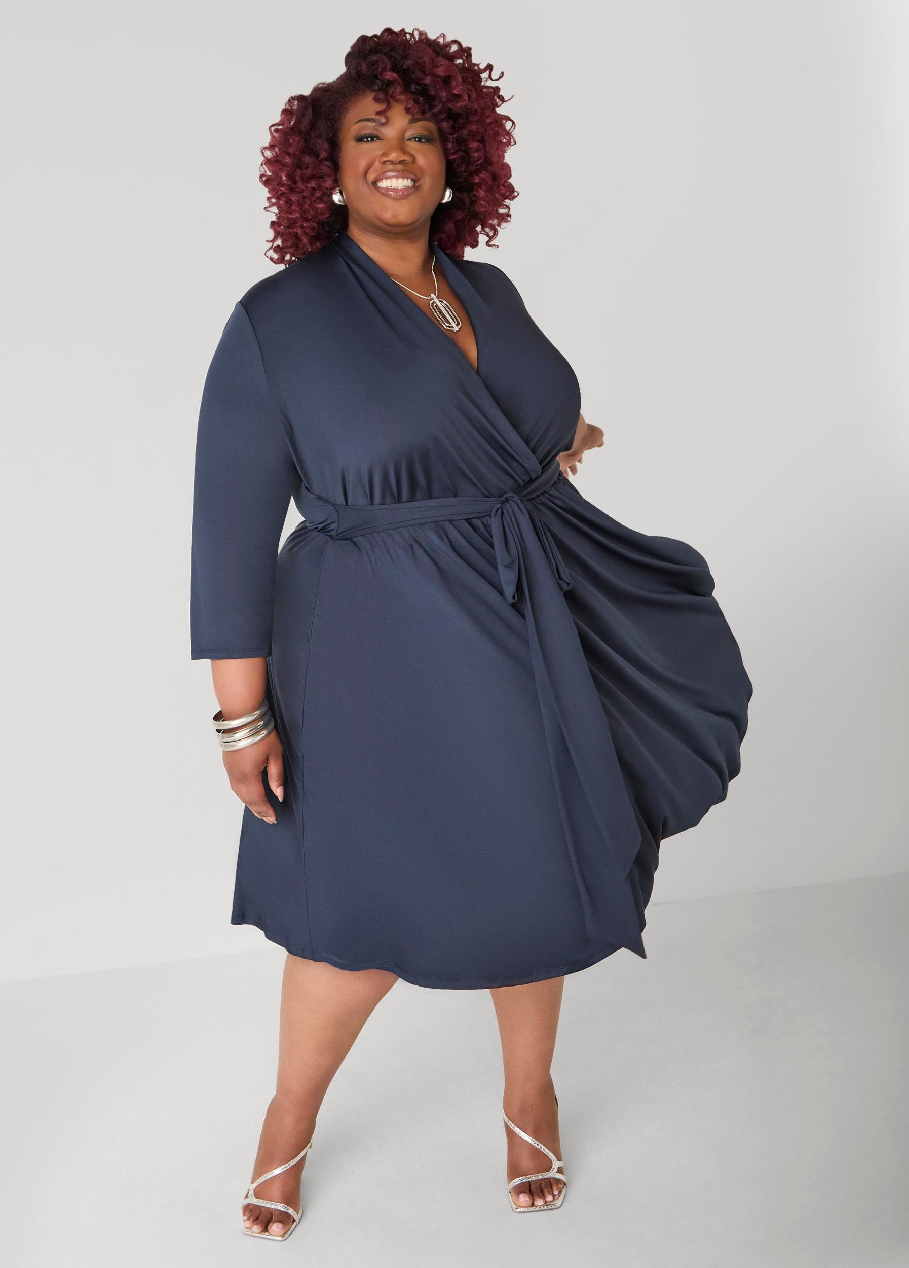 Plus Size Faux Wrap A Line Dress Ashley Stewart Product Image