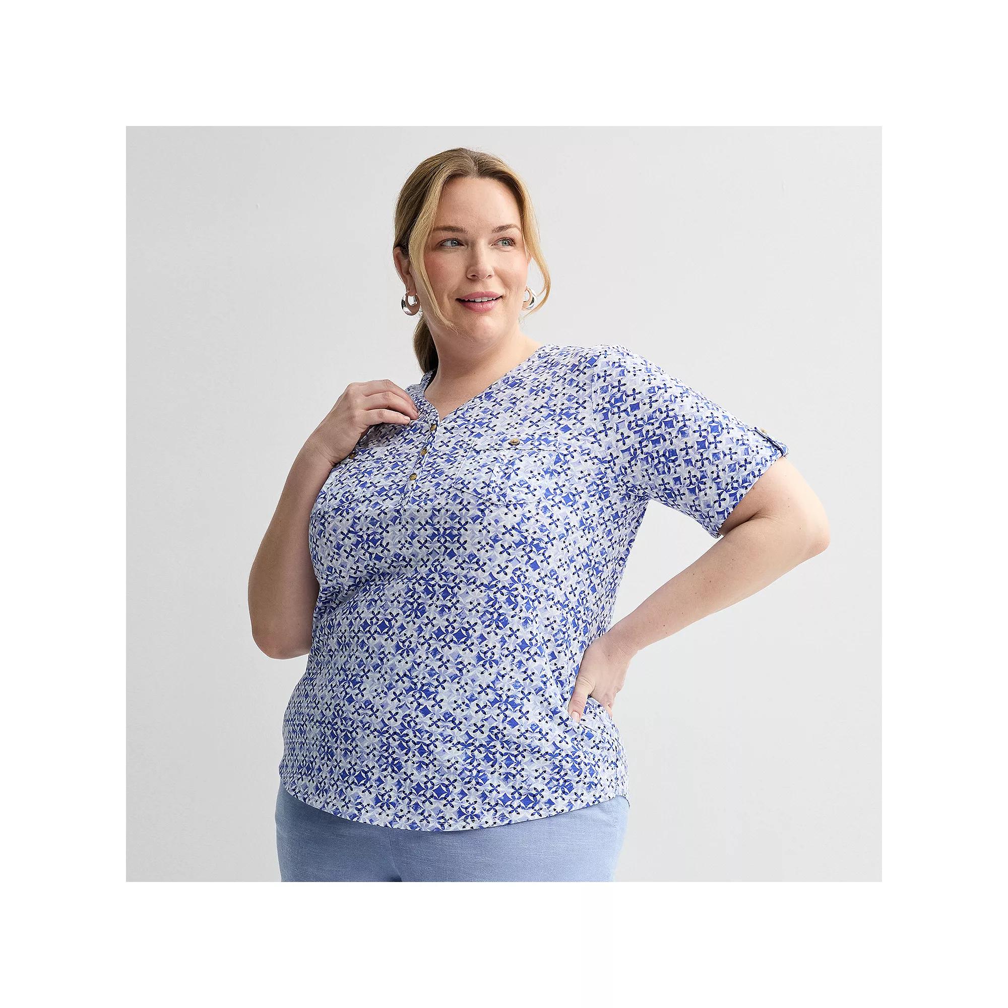 Plus Croft & Barrow® Elbow Sleeve Utility Henley Top, Women's, Size: 3XL, Blue Geo Product Image