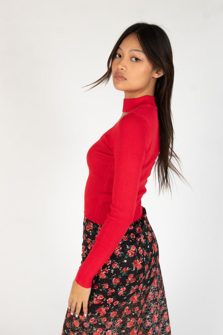 Red Ribbed Mock Neck Cut Out Sweater Product Image