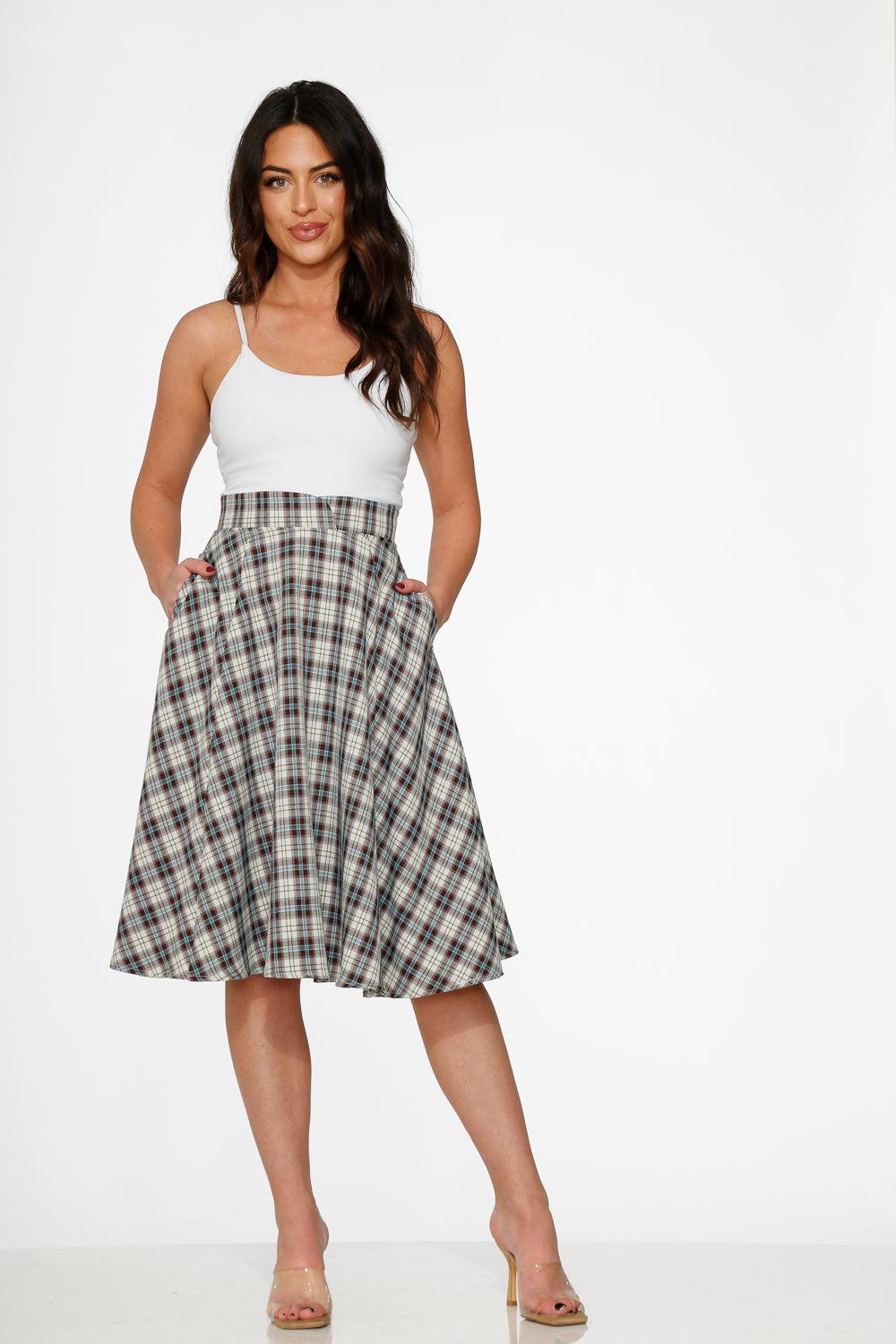 White & Brown Plaid Swing Skirt Product Image