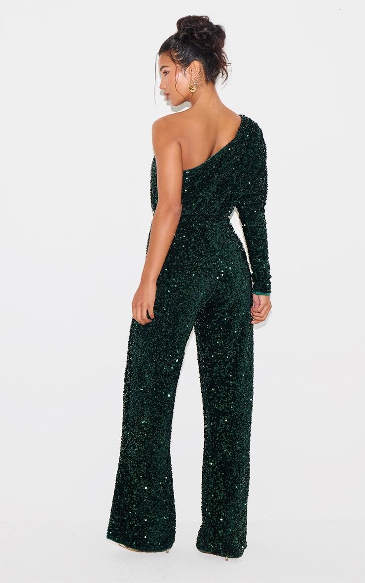 Emerald Green Velvet Sequin One Shoulder Wide Leg Jumpsuit Product Image