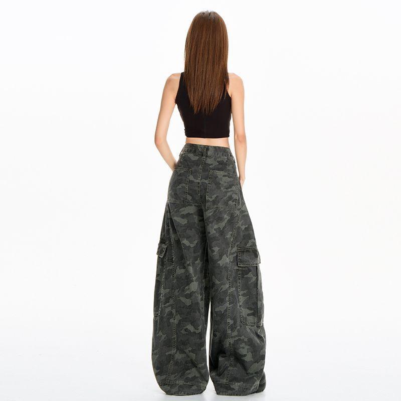 Mid Rise Camo Print Washed Wide Leg Cargo Jeans Product Image