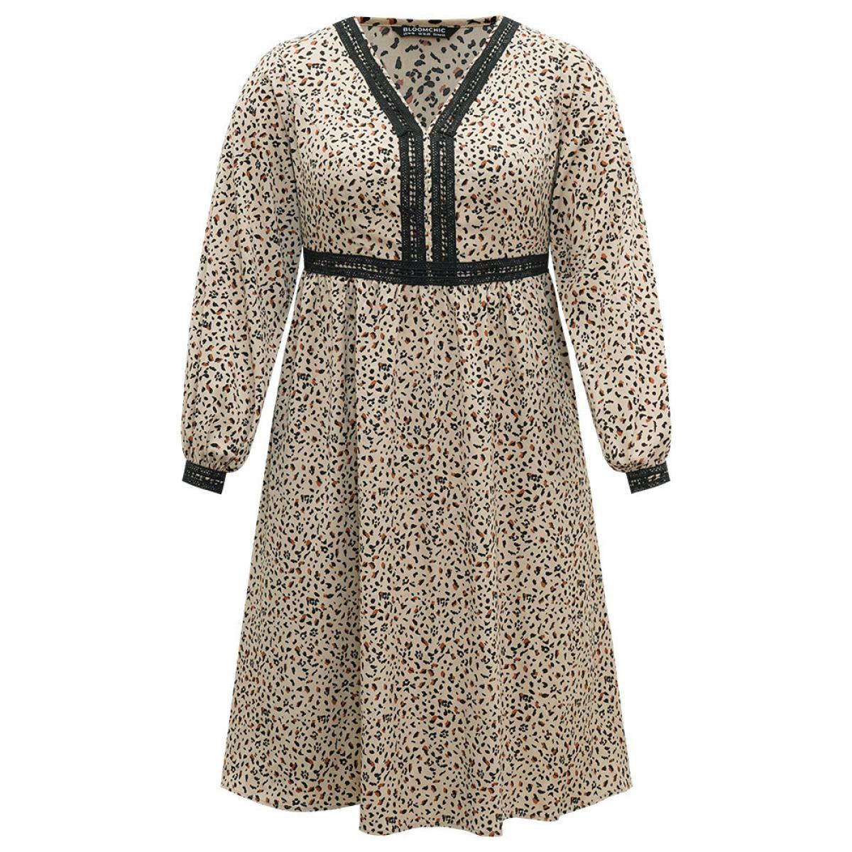 Plus Size Leopard Pocket Guipure Lace Lantern Sleeve Dress Stone Women Vacation Elastic cuffs V-neck Long Sleeve Curvy Midi Dress BloomChic 30/6X Product Image