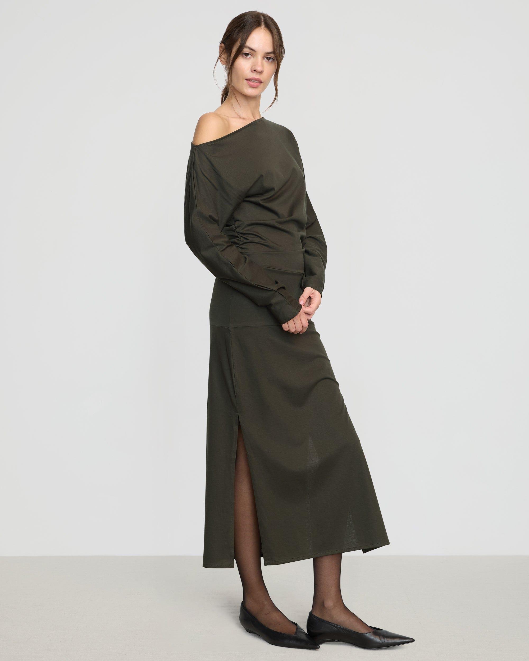 Kezia Off-Shoulder Satin Jersey Dress Product Image
