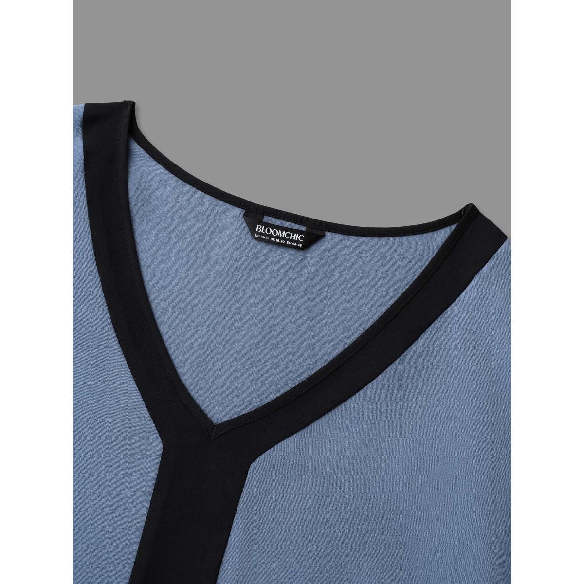 Plus Size Stone Contrasting Panel Lantern Sleeve Shirt Women Elegant Long Sleeve V-neck Everyday Blouses BloomChic 30/6X Product Image