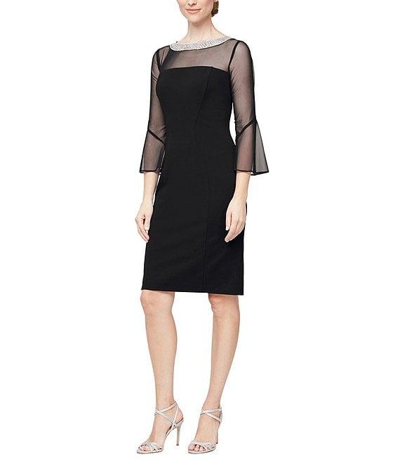 Alex Evenings Illusion 3/4 Mesh Bell Sleeve Boat Neck Crepe Sheath Dress Product Image