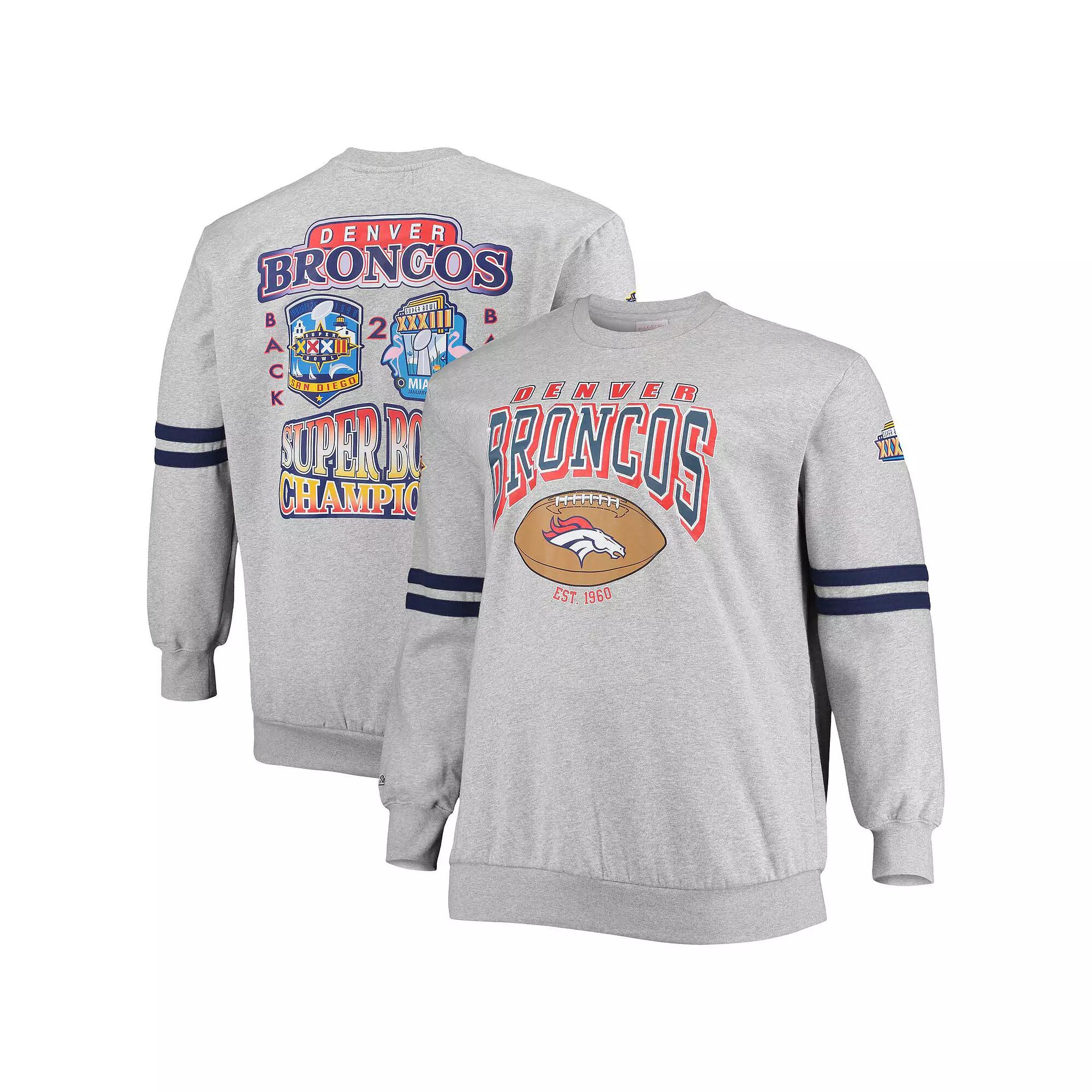 Men's Mitchell & Ness Heathered Gray Denver Broncos Big & Tall Allover Print Pullover Sweatshirt, Size: 3XLT, Grey Product Image