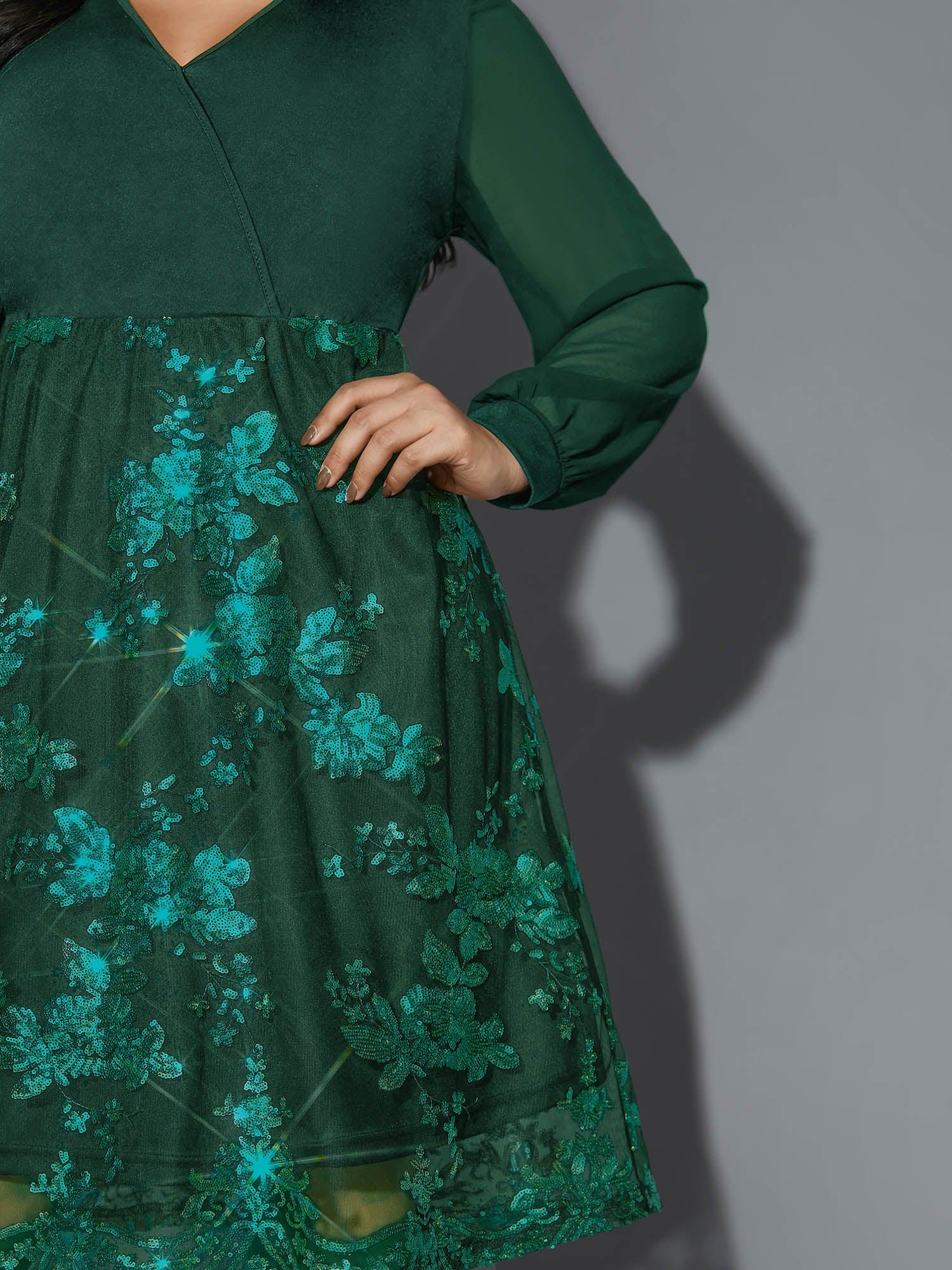 Sequin Overlap Collar Sheer Sleeve Lined Dress Female Product Image