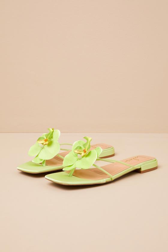 Florra Lime Green Satin Floral Applique Low Heel Slide Sandals Product Image