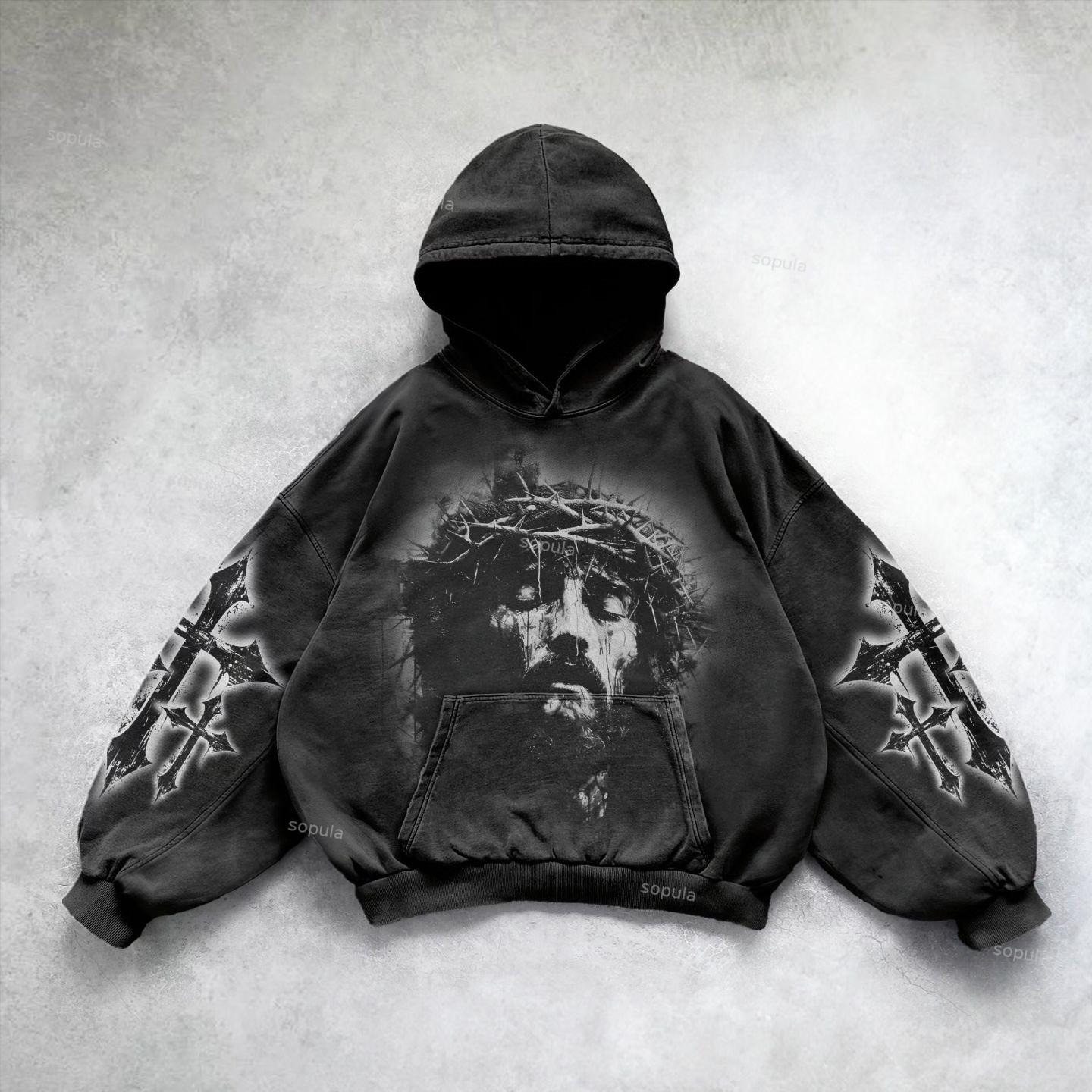 Vintage Jesus Print Graphic Acid Washed Oversized Hoodie Product Image