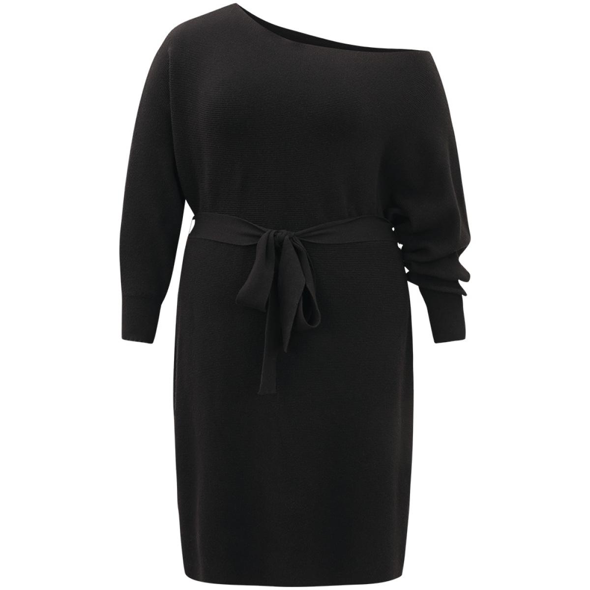 Plus Size Supersoft Essentials Boat Neck Belted Sweater Dress Black Women Casual Long Sleeve Everyday Sweater Dresses BloomChic 28/5X Product Image