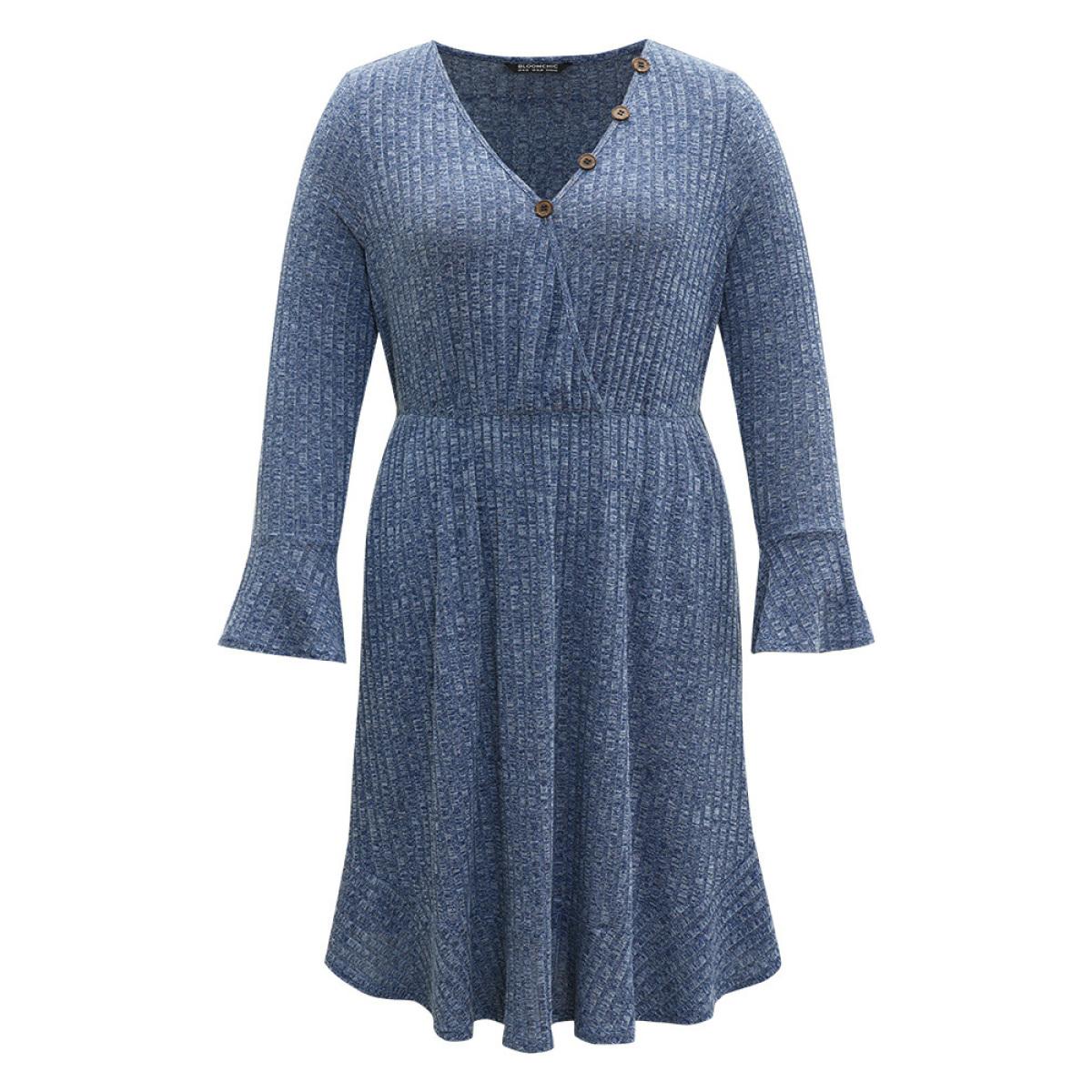 Plus Size Rib Knit Button Detail Pocket Bell Sleeve Dress Indigo Women Casual Texture V-neck Long Sleeve Curvy Midi Dress BloomChic 14-16/1X Product Image