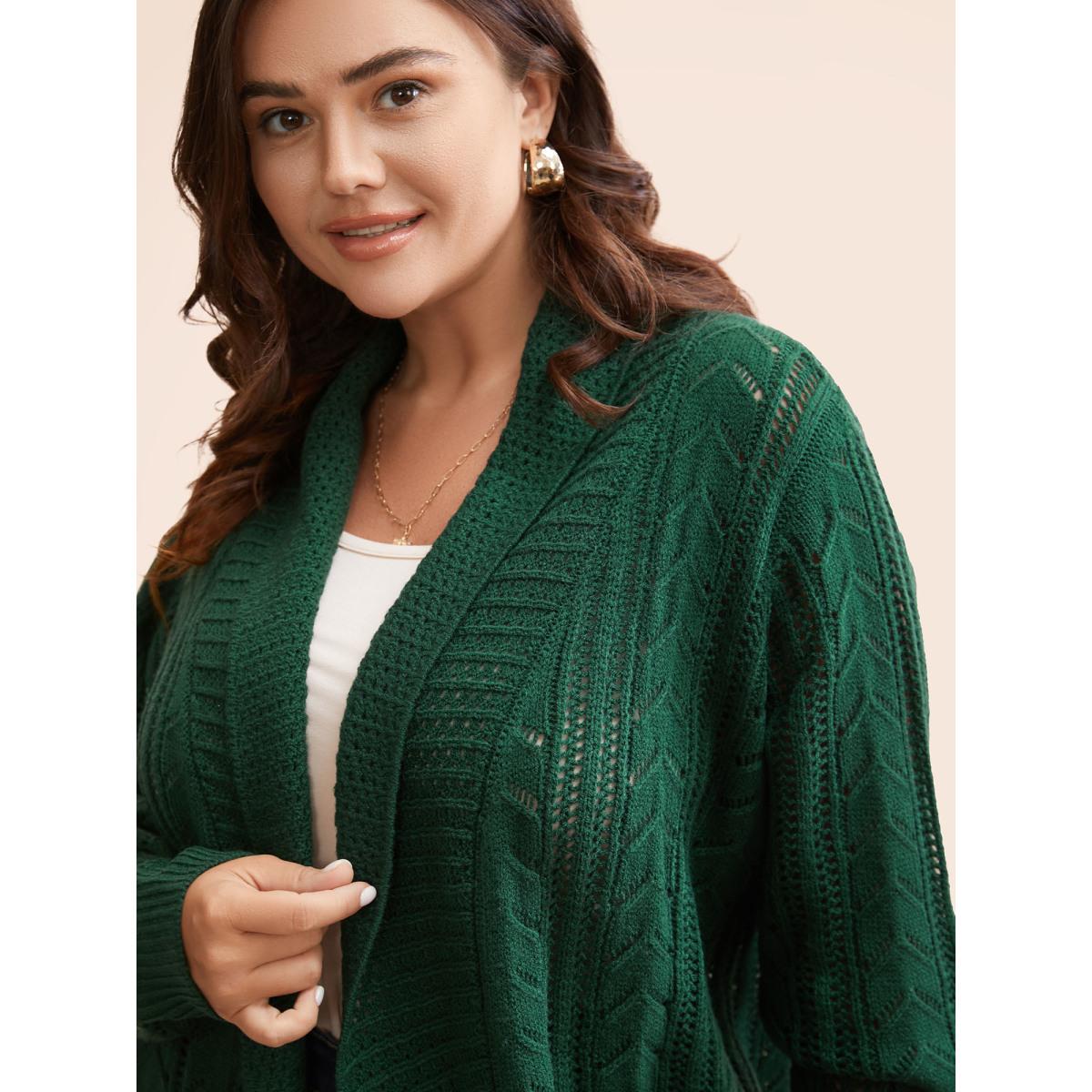 Plus Size Kimono Collar Cable Knit Arc Hem Cardigan DarkGreen Women Casual Loose Long Sleeve Everyday Cardigans BloomChic 28/5X Product Image