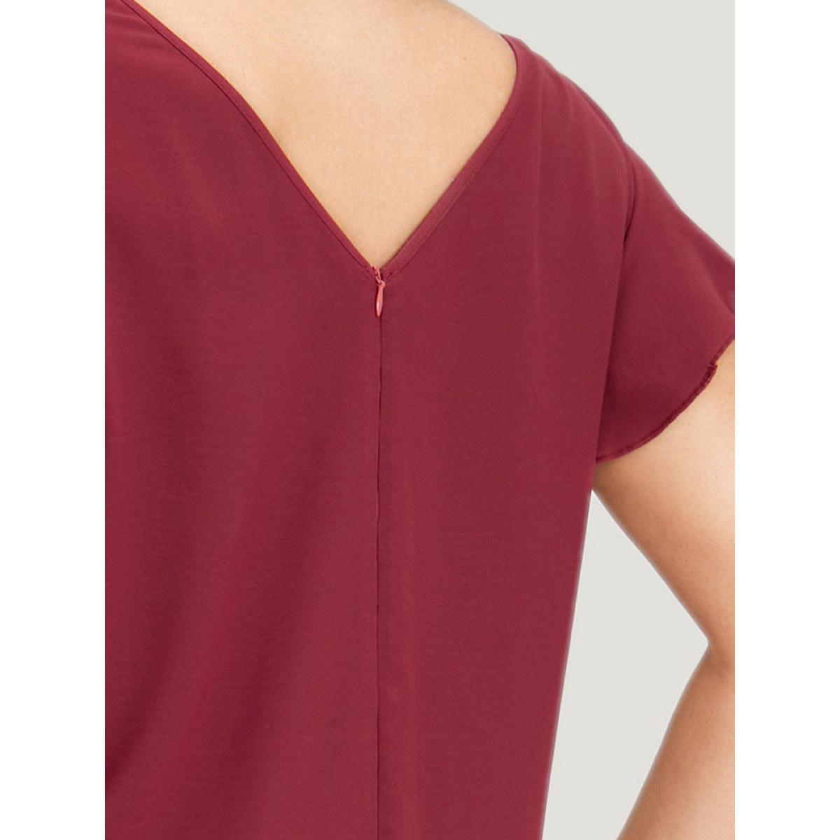 Plus Size Burgundy Plain Ruffle Cap Sleeve V Neck Zipper Jumpsuit Women Casual Cap Sleeve V-neck Dailywear Loose Jumpsuits BloomChic 18-20/2X Product Image