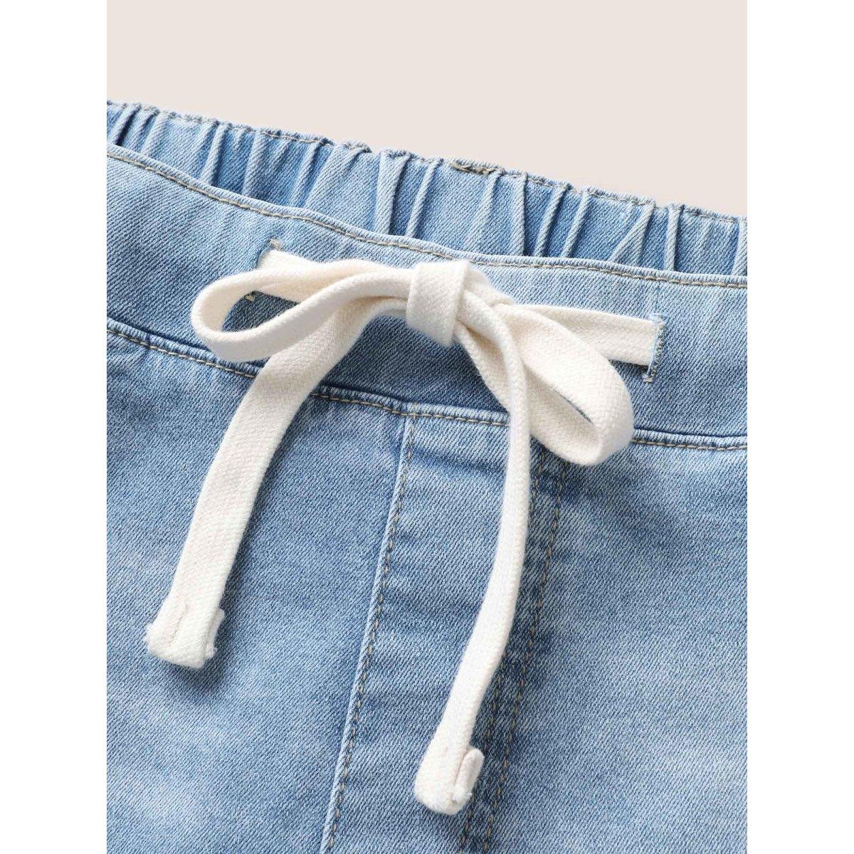 Plus Size Light Wash Drawstring Straight Leg Jeans Women LightBlue Casual Drawstring High stretch Slanted pocket Jeans BloomChic 10/M Product Image