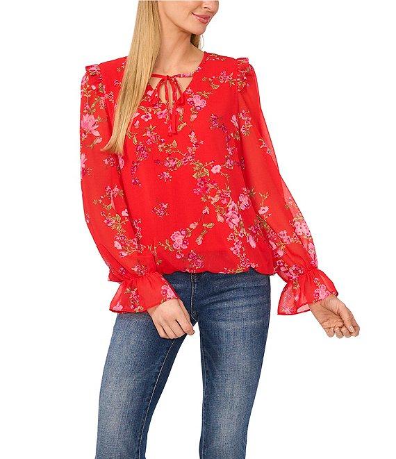 CeCe Woven Floral Print V-Neck Long Sleeve Tie Front Blouse Product Image