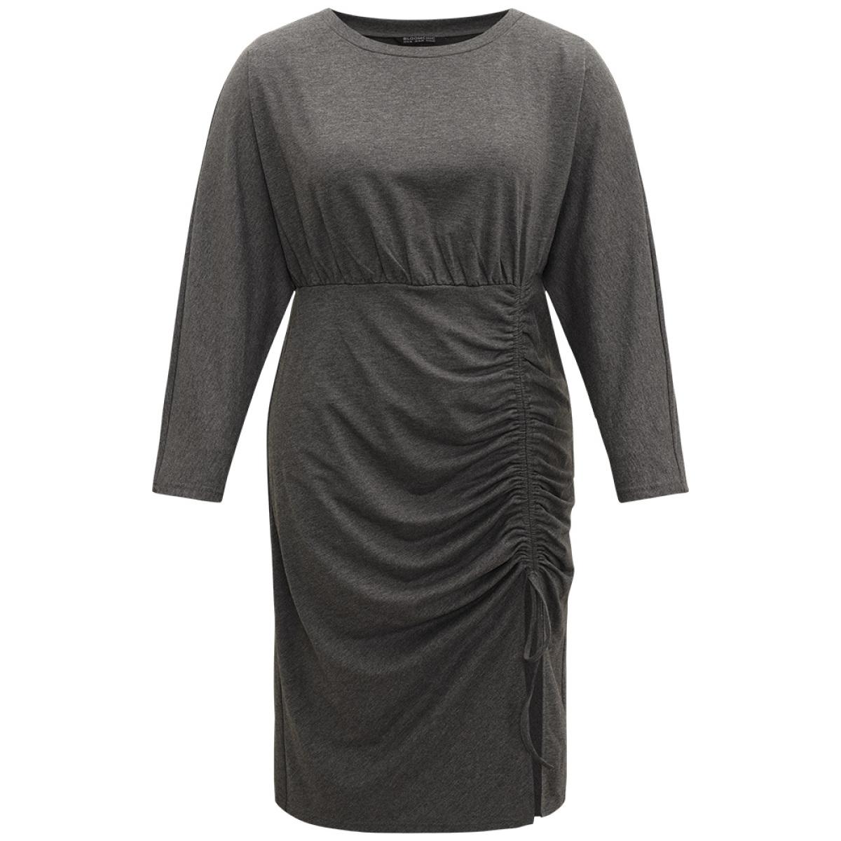 Plus Size Split Hem Drawstring Batwing Sleeve Dress DimGray Women Casual Plain Round Neck Elbow-length sleeve Curvy Midi Dress BloomChic 22-24/3X Product Image