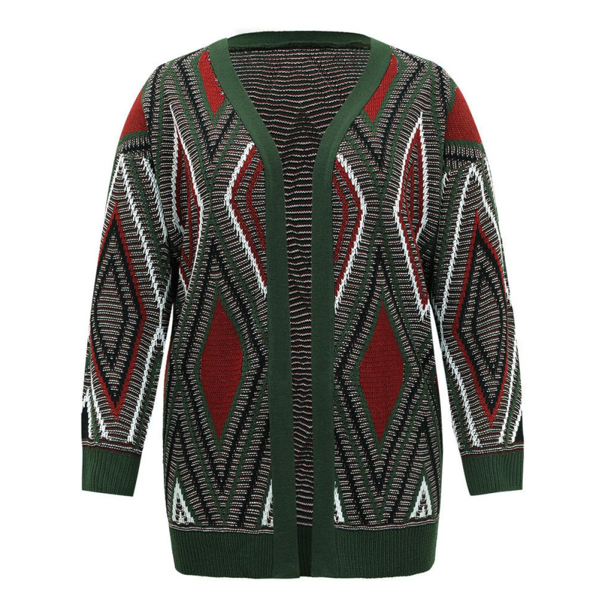 Plus Size Geometric Contrast Open Front Cardigan DarkGreen Women Casual Loose Long Sleeve Dailywear Cardigans BloomChic 12/L Product Image