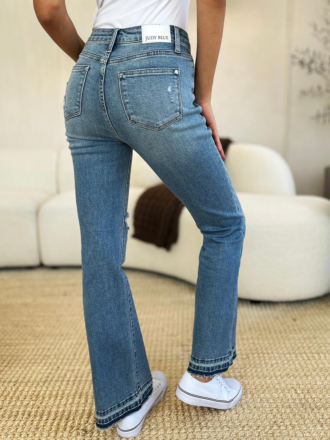 Judy Blue Full Size Mid Rise Destroyed Hem Distressed Jeans Product Image