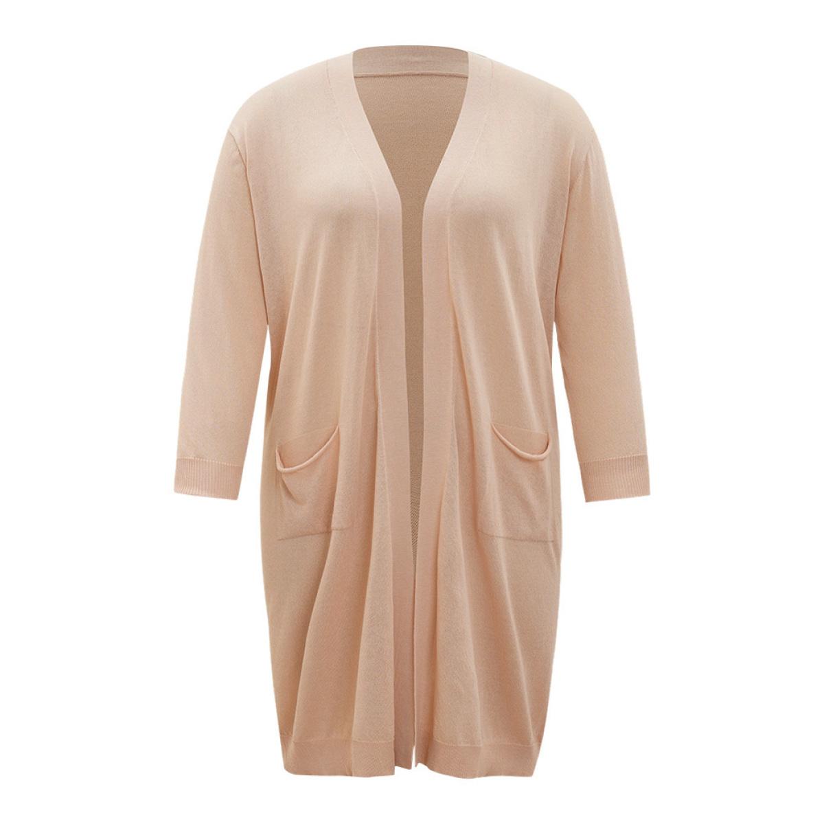 Plus Size Solid Patched Pocket Open Front Breathable Maxi Cardigan Apricot Women Casual Loose Long Sleeve Everyday Cardigans BloomChic 18-20/2X Product Image